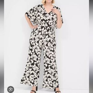 Lane Bryant Flutter Sleeve V Neck Wide Leg Jumpsuit with Belt Floral 14 16 1X
